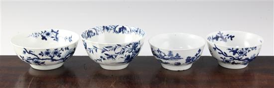 Four Worcester blue and white small bowls, c.1756-80, diam. 4in. - 4.75in.